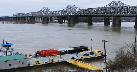 Hernando DeSoto Bridge view at Memphis, TN with dock in front, exclusive 4K Stock Footage 171084144