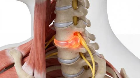 Herniated disc compresses nerve in spine, causing pain and discomfort visua.. Stock Illustration