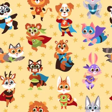Hero animals seamless pattern. Kids superhero beasts, costume mask characters Stock Illustration
