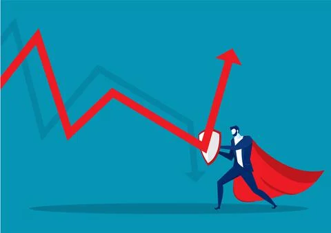 Hero businessman fighting with graph down to grow arrow vector Stock Illustration