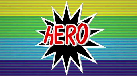 Hero comic pop art text against colorful background Stock Photos