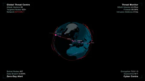 Hero framing with negative space showcasing a cyber warfare globe with, 4K Stock Footage 339091122
