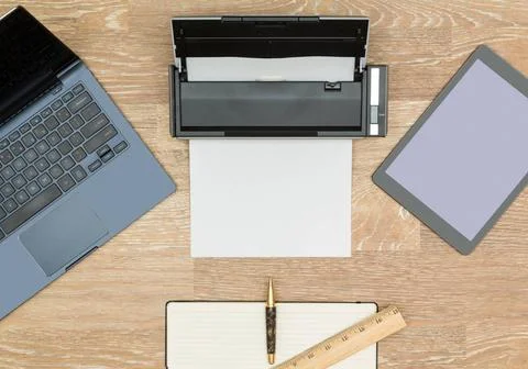 Hero Header image of tidy desktop Tidy organized desk top with laptop, tab... Stock Photos