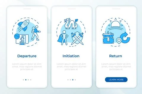 Hero journey elements blue onboarding mobile app screen Stock Illustration