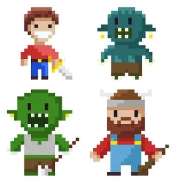 Hero Set of Pixel Game, Geek and Cavalier Vector Stock Illustration