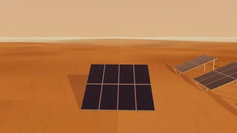 Hero shot of a single solar panel bank facing the low golden sun in the desert Stock Footage 340329701