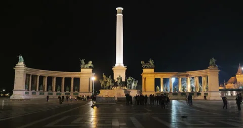 Heroes' Square with its iconic Millennium Monument in Budapest by night Stock Footage 333921407