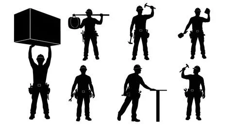 Heroic Low-Angle Construction Worker Silhouettes Stock Illustration