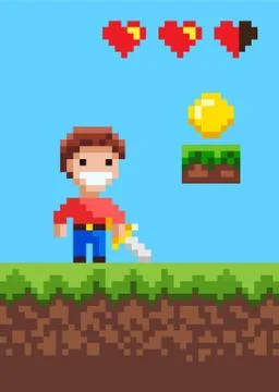 Heroic Man Character of Pixel Game with Sword Stock-Illustration