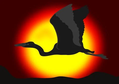 Heron slowly hovers above the surface at sunset Stock Illustration
