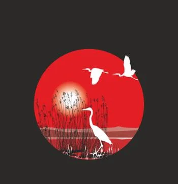 Herons and reeds in the ring Stock Illustration