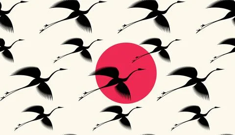 Herons in flight Seamless Pattern for interior decoration, textiles. Japanese Stock Illustration