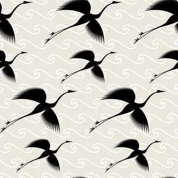 Herons in flight Seamless Pattern for interior decoration, textiles. Japanese Stock Illustration
