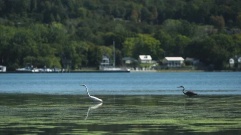 Herons walking in the shallow part of a lake Stock Footage 131532015