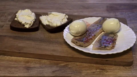Herring Fillets And Boiled Eggs On Plate Stock Footage 322993574