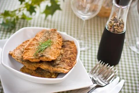 Herring fillets on a platter Foto stock