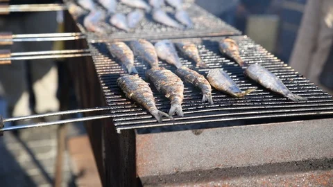 Herring on a grill on the market Stock Footage 118833833