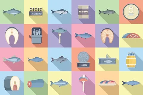 Herring icons set flat vector. Fish cod Stock Illustration