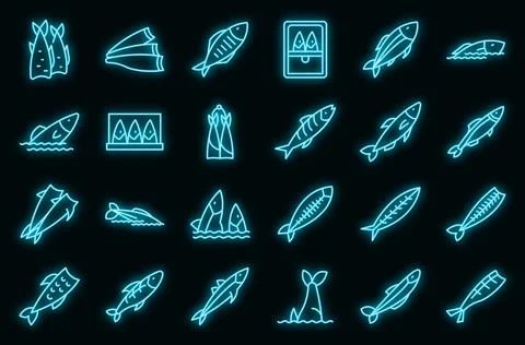Herring icons set outline vector. Fish cod vector neon Stock Illustration