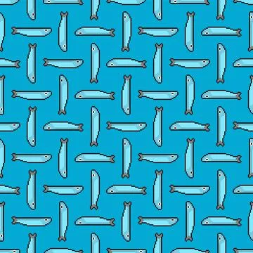 Herring pixel art background. Fish pixelated 8 bit pattern seamless. vector t 스톡 일러스트