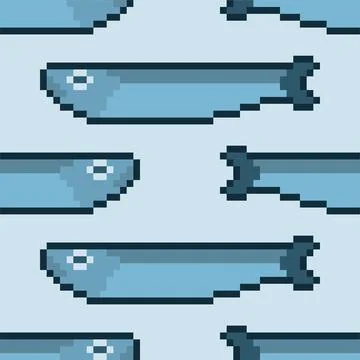 Herring pixel art background. Fish pixelated 8 bit pattern seamless. vector t Stockillustratie