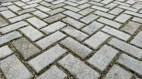 Herringbone Pattern Concrete Pavement with Interlocking Bricks Stock Photos