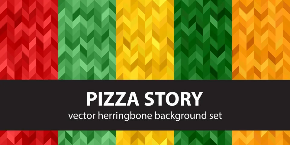 Herringbone pattern set Pizza Story. Vector seamless parquet backgrounds Stock Illustration