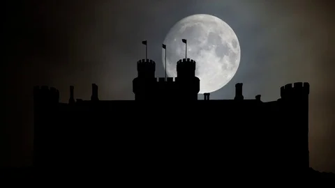 Herstmonceux Castle by Night with Full Moon, Herstmonceux, East Sussex, England Stock Footage 102882040