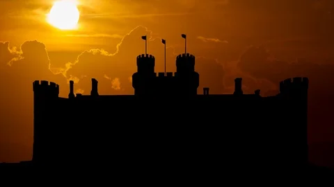 Herstmonceux Castle at Sunset, a brick-built castle near Herstmonceux, England Stock Footage 102883471