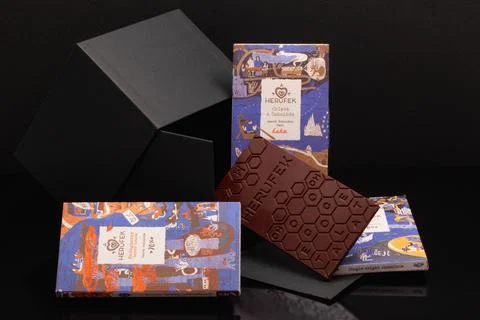 Herufek Chocolate on the black table. 库存照片