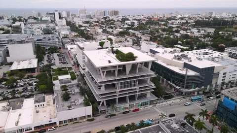Herzog &amp; de Meuron Building on Lincoln Road, Miami Drone Shot of Modern Parking Stock Footage 245185949