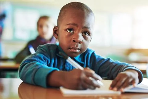 Hes such a hard worker in class. an adorable elementary school boy working in Stock Photos