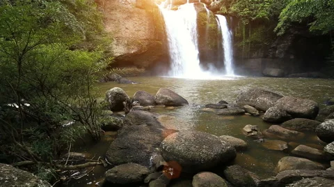Hew suwat waterfall in khao yai national park thailand, zoom in on smooth slider Stock Footage 66471014
