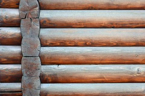 Hewn timber. Rustic log wall horizontal timber background Stock Photos