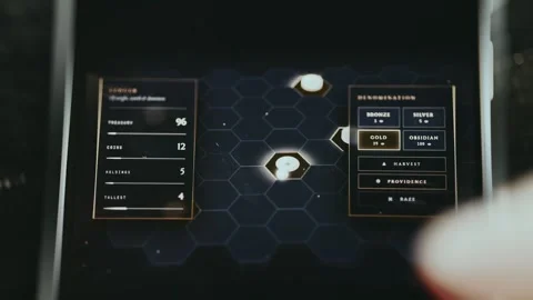 Hex-based treasury board for managing resources like Gold, Obsidian, Bronze, and Vídeos de archivo 334938120