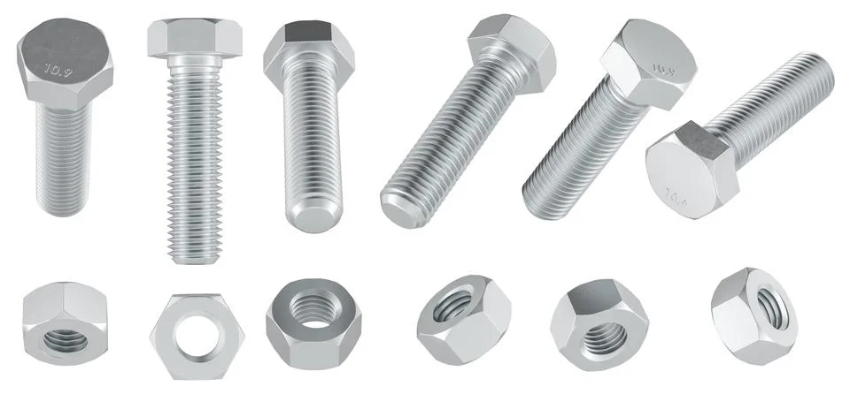 Hex bolts and nuts shown from different angles. 3D rendering Stock Illustration