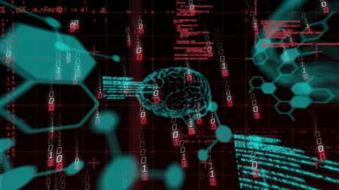 Hex code intensifying triggers wireframe brain pulsing with orbiting molecules Stock Footage 311603475