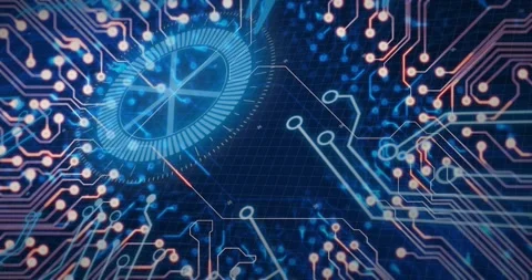 Hex grid appearing triggers pulses flowing traces and rotating gauge segments Stock Footage 317593552