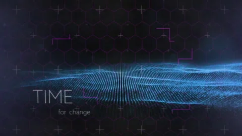 Hex grid brackets animating as blue ribbon appearing into wavy form and TIME for Stock Footage 311140020