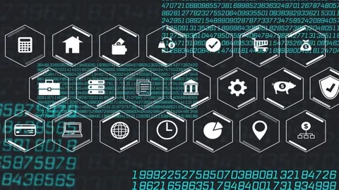Hex grid forming as teal code streams sweeping, highlighting finance icons, 스톡 동영상 335317075