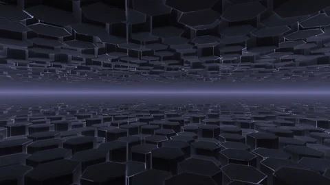 Hex Hexagonal Columns Grid in 3d Endless Room With Electrical Signal Stock Footage 143894592