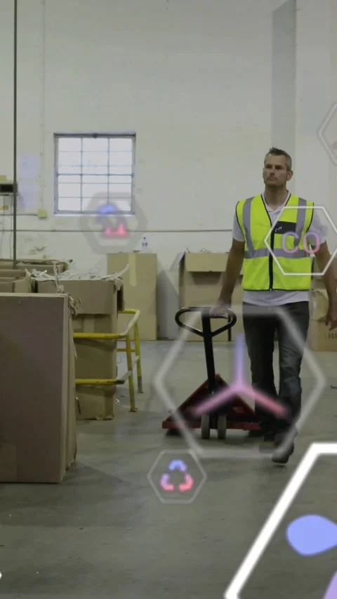 Hex icons appearing while warehouse worker pushing red pallet jack, moving Stock Footage 334549980