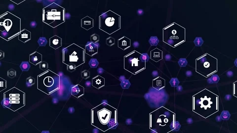 Hex node cluster growing, linking then receding after data, purple pulses 動画素材 334418772