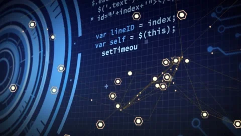 Hex nodes pulsing and linking after start pulses, moving right, forming mesh on Stock-Footage 331736486