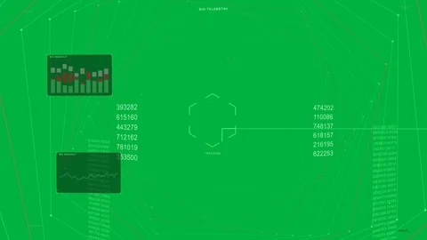 Hex reticle locking on for tracking, spiral rotating, telemetry panels updating Stock Footage 334156290
