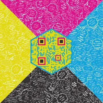 Hex shaped QR code in geometric shapes in hues of yellow, pink, cyan and black Stock Illustration
