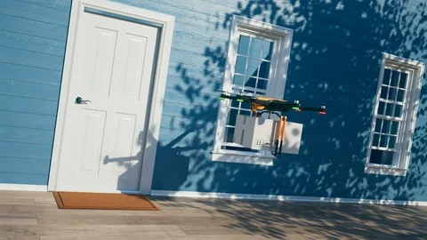 Hexacopter drone delivering ordered package directly to the door. Render 4k Video stock 127309624