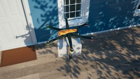 Hexacopter drone delivering ordered package directly to the door. Render 4k Video stock 127310090