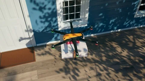 Hexacopter drone delivering ordered pizza directly to the door. Render 4k Stock Footage 127307833
