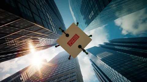 Hexacopter drone delivering ordered pizza directly to the door. Render 4k Stock Footage 127309475